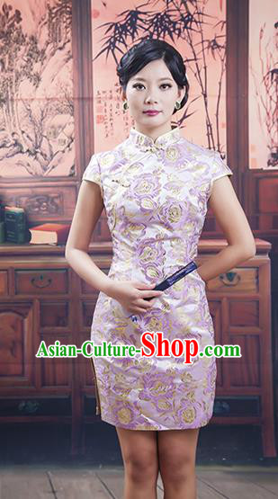 Traditional Ancient Chinese Republic of China Lilac Silk Short Cheongsam, Asian Chinese Chirpaur Printing Qipao Dress Clothing for Women