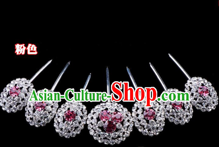 Traditional Beijing Opera Diva Hair Accessories Pink Crystal Head Ornaments Hairpins Complete Set, Ancient Chinese Peking Opera Hua Tan Hair Stick Headwear