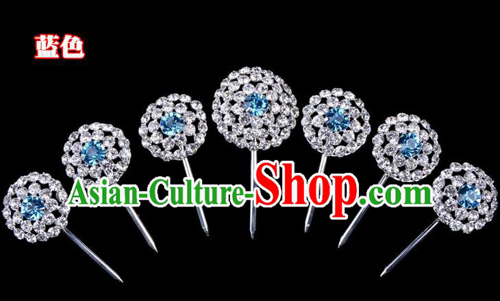 Traditional Beijing Opera Diva Hair Accessories Blue Crystal Head Ornaments Complete Set, Ancient Chinese Peking Opera Hua Tan Round Hairpins Hair Stick Headwear