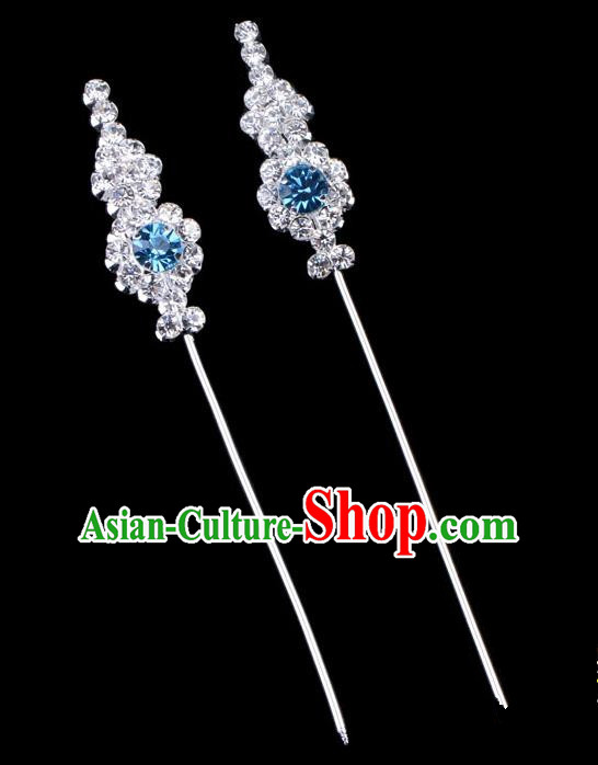 Traditional Beijing Opera Diva Hair Accessories Blue Crystal Head Ornaments, Ancient Chinese Peking Opera Hua Tan Hairpins Hair Stick Headwear
