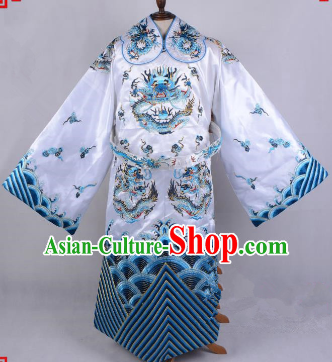 Top Grade Professional Beijing Opera Emperor Costume Royal Highness White Embroidered Robe and Belts, Traditional Ancient Chinese Peking Opera Embroidery Dragons Clothing