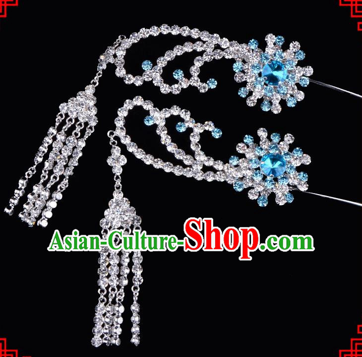 Traditional Beijing Opera Diva Hair Accessories Blue Crystal Tassel Step Shake Hairpins, Ancient Chinese Peking Opera Hua Tan Hair Stick Headwear