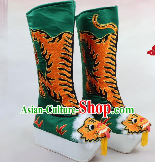 Traditional Beijing Opera Emperor Embroidered Green Boots Tiger-head Shoes, Ancient Chinese Peking Opera Takefu Satin Embroidery High Leg Boots
