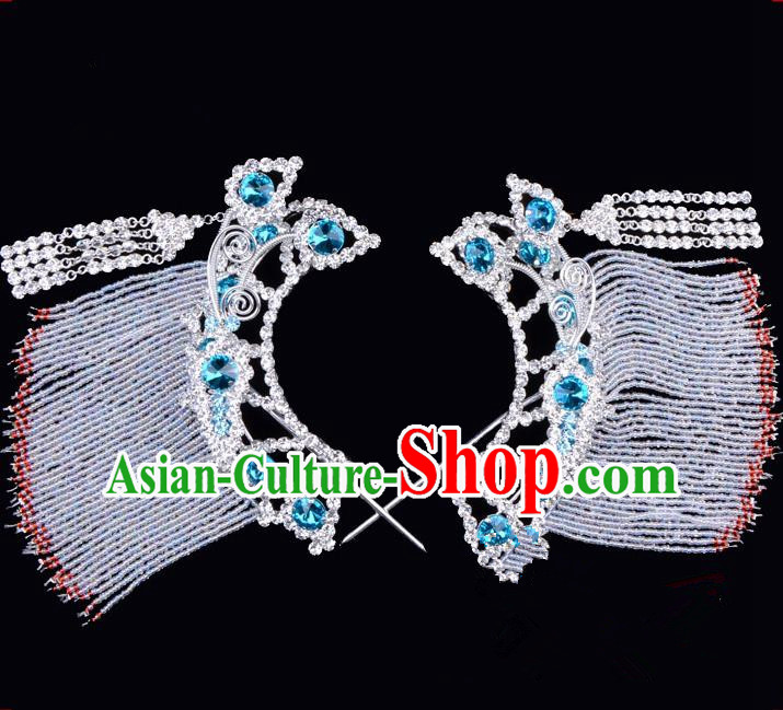 Traditional Beijing Opera Diva Hair Accessories Blue Crystal Hairpins Temples Curtain Step Shake, Ancient Chinese Peking Opera Hua Tan Hair Stick Headwear