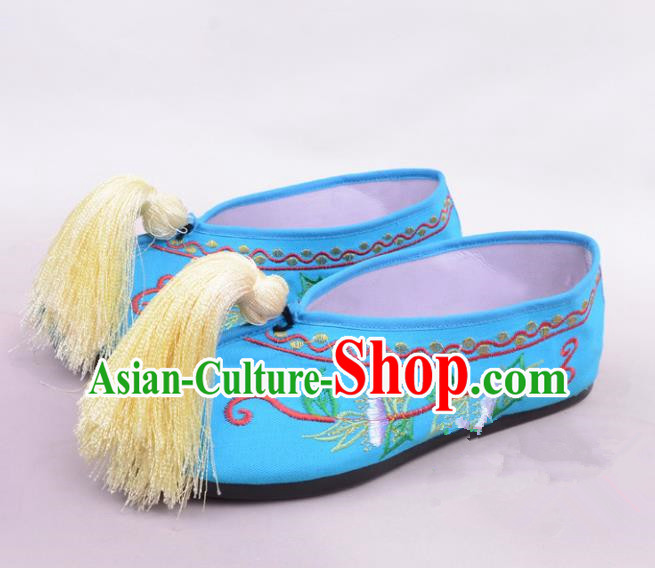 Traditional Beijing Opera Hua Tan Blue Embroidered Shoes Princess Shoes, Ancient Chinese Peking Opera Diva Blood Stained Shoes