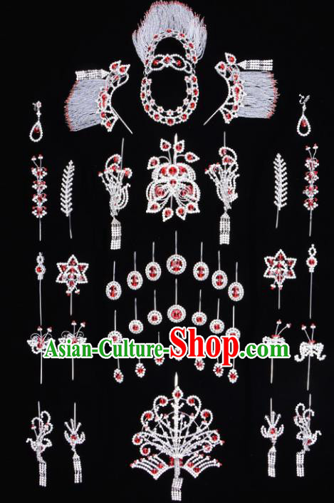 Traditional Beijing Opera Diva Hair Accessories Red Crystal Butterfly Head Ornaments Complete Set, Ancient Chinese Peking Opera Hua Tan Hairpins Phoenix Step Shake Headwear