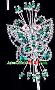 Traditional Beijing Opera Diva Hair Accessories Green Crystal Butterfly Head Ornaments Hairpin, Ancient Chinese Peking Opera Hua Tan Hairpins Headwear