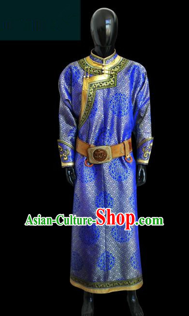 Traditional Chinese Mongol Nationality Dance Costume Royalblue Mongolian Robe, Chinese Mongolian Minority Nationality Royal Highness Embroidery Costume for Men