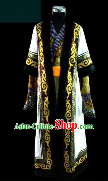 Traditional Chinese Mongol Nationality Dance Costume Mongolian Robe Complete Set, Chinese Mongolian Minority Nationality Royal Highness Embroidery Costume for Men