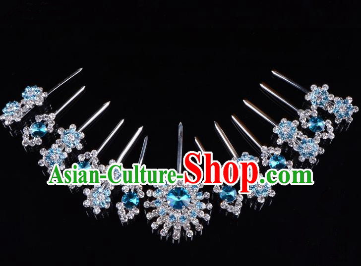 Traditional Beijing Opera Diva Hair Accessories Blue Crystal Hairpins Head Ornaments Complete Set, Ancient Chinese Peking Opera Hua Tan Hair Stick Headwear