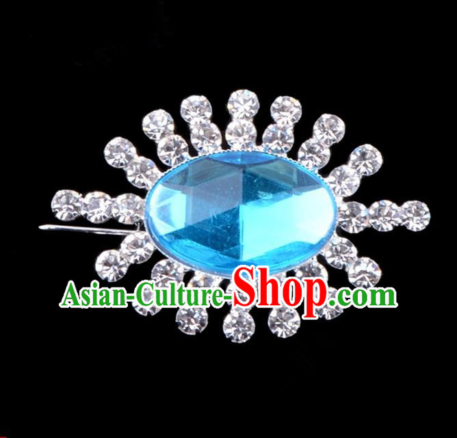 Traditional Beijing Opera Young Lady Jewelry Accessories Diva Crystal Blue Brooch, Ancient Chinese Peking Opera Hua Tan Breastpin