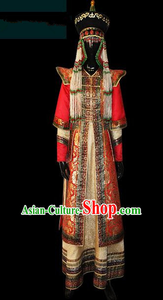 Traditional Chinese Mongol Nationality Dance Costume Complete Set, Mongols Female Folk Dance Ethnic Wedding Robe, Chinese Mongolian Minority Nationality Embroidery Costume for Women