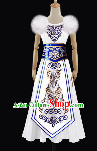 Traditional Chinese Mongol Nationality Dance Costume Female White Dress, Chinese Mongolian Minority Nationality Princess Mongolian Robe Embroidery Clothing for Women