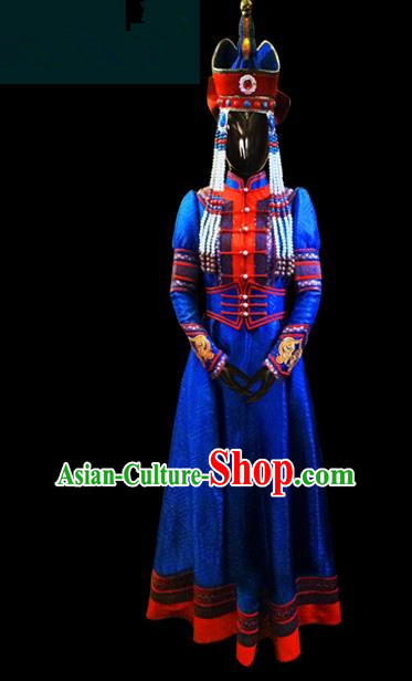 Traditional Chinese Mongol Nationality Dance Costume Female Royalblue Dress, Chinese Mongolian Minority Nationality Princess Mongolian Robe Embroidery Clothing for Women