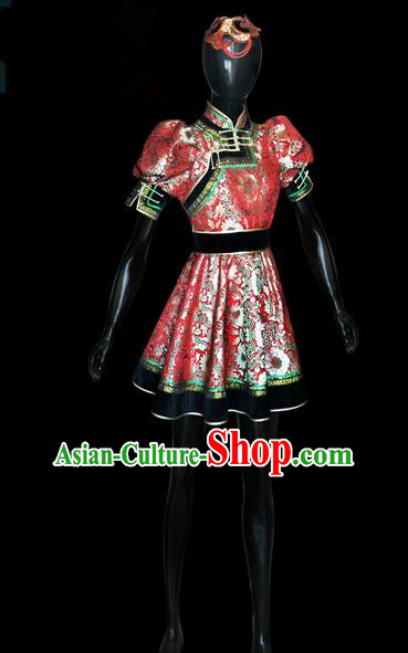 Traditional Chinese Mongol Nationality Dance Costume Red Full Dress, Chinese Mongolian Minority Nationality Princess Mongolian Robe Embroidery Clothing for Women