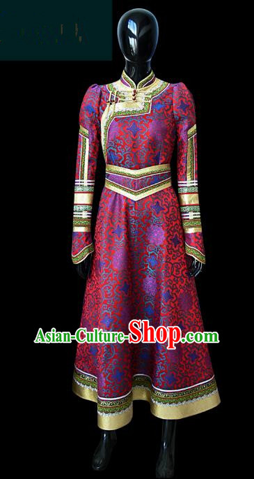 Traditional Chinese Mongol Nationality Dance Costume Female Purple Mongolian Robe, Chinese Mongolian Minority Nationality Princess Embroidery Costume for Women