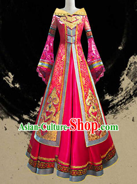 Traditional Chinese Mongol Nationality Dance Costume Female Rosy Pleated Skirt, Chinese Mongolian Minority Nationality Princess Embroidery Wedding Costume for Women