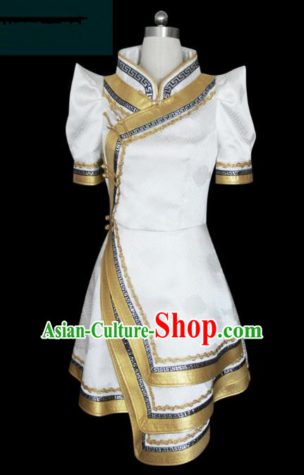 Traditional Chinese Mongol Nationality Dance Costume Short Mongolian Robe, Chinese Mongolian Minority Nationality Young Lady Embroidery Dress for Women