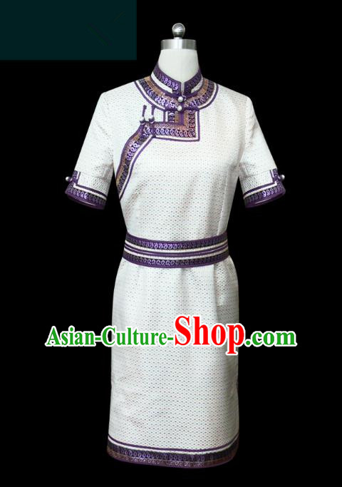 Traditional Chinese Mongol Nationality Dance Costume White Mongolian Robe, Chinese Mongolian Minority Nationality Young Lady Embroidery Dress for Women