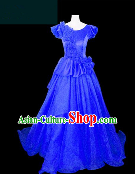 Traditional Chinese Modern Dancing Compere Performance Costume Chorus Singing Group Dance Wedding Blue Dress for Women