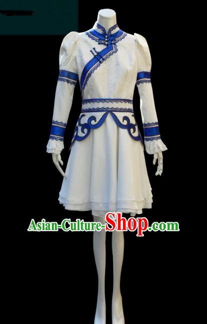 Traditional Chinese Mongol Nationality Costume Female White Short Mongolian Robe, Chinese Mongolian Minority Nationality Clothing for Women