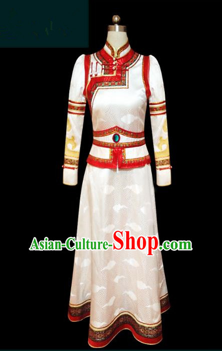 Traditional Chinese Mongol Nationality Dance Costume White Mongolian Robe, Chinese Mongolian Minority Nationality Princess Embroidery Clothing for Women