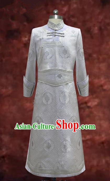 Traditional Chinese Mongol Nationality Costume White Mongolian Robe, Chinese Mongolian Minority Nationality Dance Clothing for Men