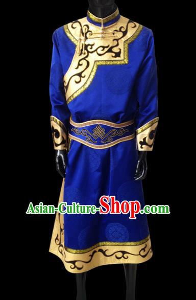 Traditional Chinese Mongol Nationality Costume Blue Mongolian Robe, Chinese Mongolian Minority Nationality Clothing for Men