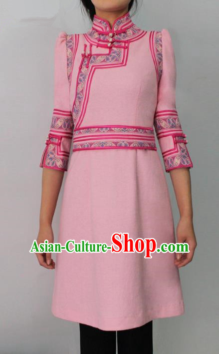 Traditional Chinese Mongol Nationality Costume Pink Short Dress Mongolian Robe, Chinese Mongolian Minority Nationality Dance Clothing for Women