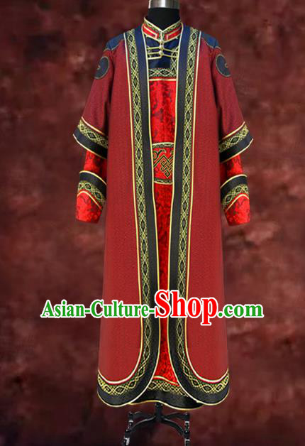 Traditional Chinese Mongol Nationality Dance Costume Wedding Red Mongolian Robe, Chinese Mongolian Minority Nationality Royal Highness Embroidery Costume for Men