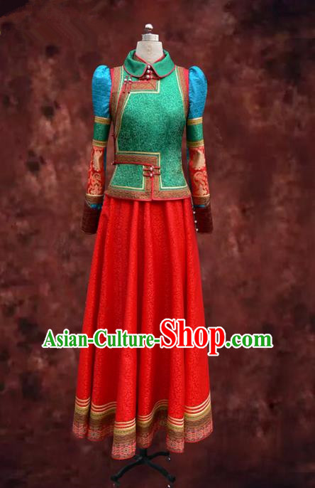 Traditional Chinese Mongol Nationality Dance Costume Female Red Pleated Skirt, Chinese Mongolian Minority Nationality Princess Embroidery Mongolian Robe for Women