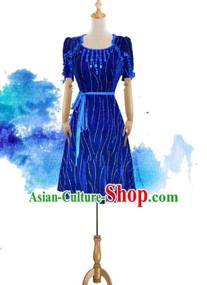 Traditional Chinese National Costume Elegant Hanfu Blue Short Dress, China Tang Suit Plated Buttons Chirpaur Cheongsam Qipao for Women