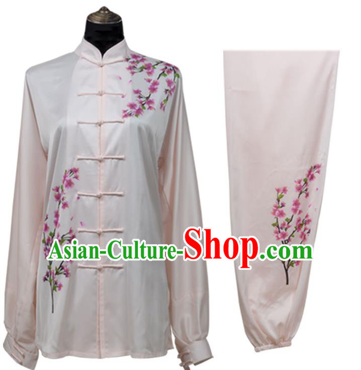 Top Kung Fu Costume Martial Arts Costume Kung Fu Training Light Pink Uniform, Gongfu Shaolin Wushu Embroidery Plum Blossom Tai Ji Clothing for Women