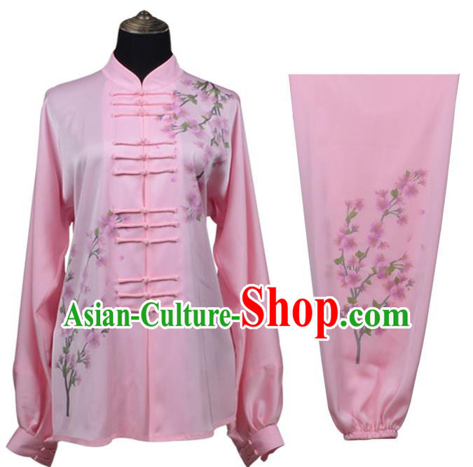 Top Kung Fu Costume Martial Arts Costume Kung Fu Training Pink Uniform, Gongfu Shaolin Wushu Embroidery Plum Blossom Tai Ji Clothing for Women