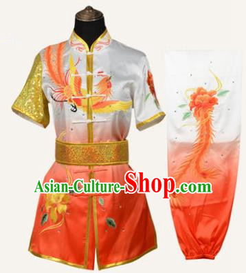 Top Kung Fu Costume Martial Arts Costume Kung Fu Training Orange Uniform, Gongfu Shaolin Wushu Embroidery Peony and Phoenix Tai Ji Clothing for Women