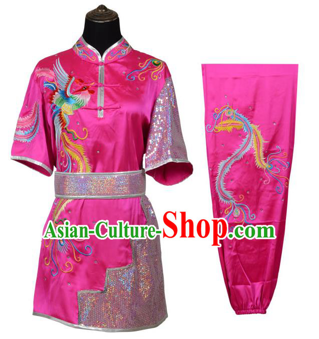 Top Kung Fu Costume Martial Arts Costume Kung Fu Training Pink Uniform, Gongfu Shaolin Wushu Embroidery Phoenix Tai Ji Clothing for Women