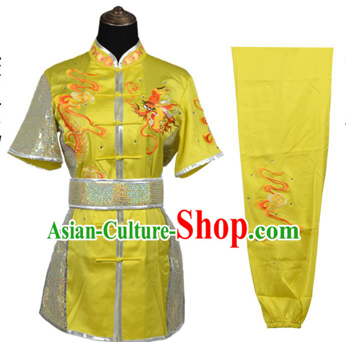Top Kung Fu Costume Martial Arts Costume Kung Fu Training Yellow Rhinestone Uniform, Gongfu Shaolin Wushu Embroidery Tai Ji Clothing for Women