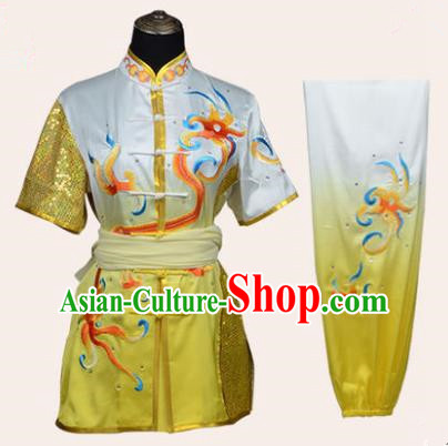 Top Kung Fu Costume Martial Arts Costume Kung Fu Training Plated Buttons Yellow Uniform, Gongfu Shaolin Wushu Embroidery Dragon Tai Ji Clothing for Women for Men