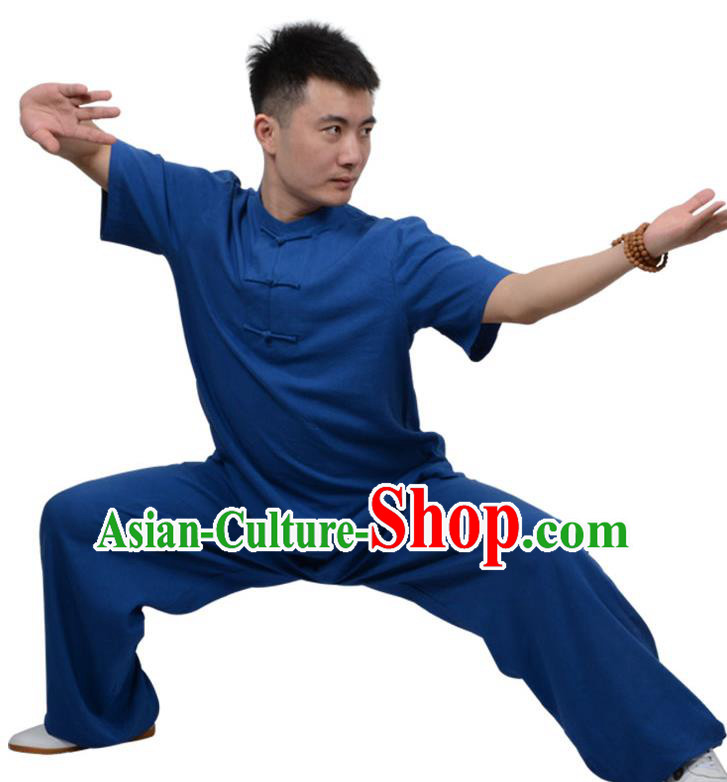 Top Kung Fu Linen Costume Martial Arts Costume Kung Fu Training Plated Buttons Blue Uniform, Gongfu Shaolin Wushu Tai Ji Clothing for Women for Men