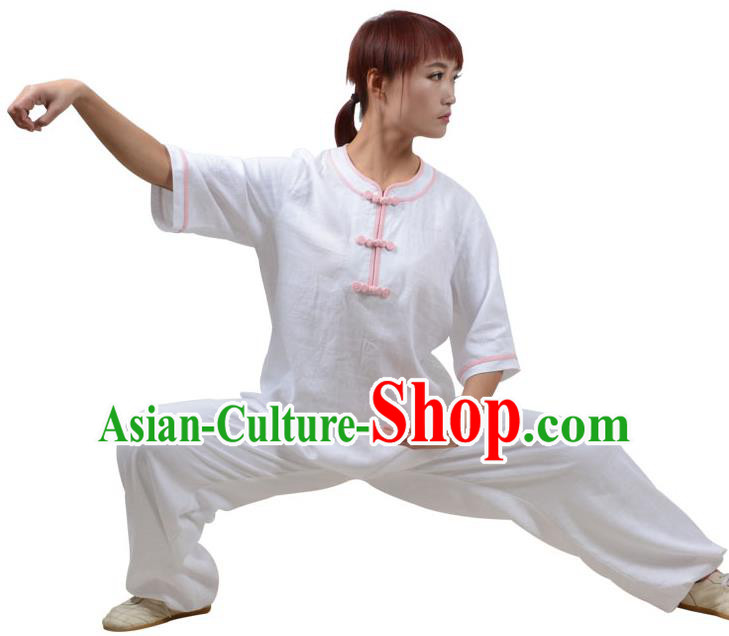 Top Kung Fu Linen Costume Martial Arts Costume Kung Fu Training Pink Plated Buttons White Uniform, Gongfu Shaolin Wushu Tai Ji Clothing for Women for Men