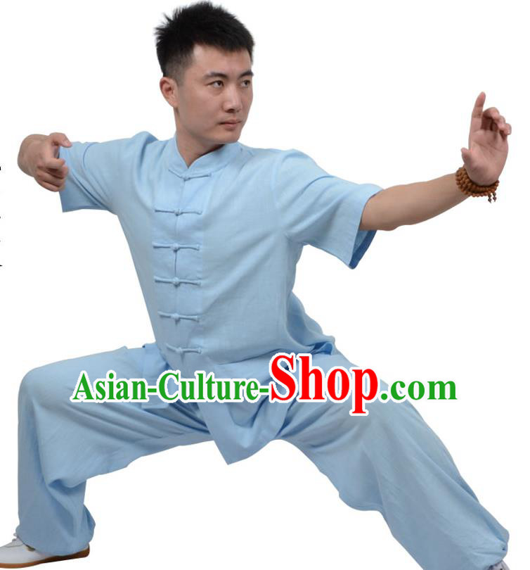 Top Kung Fu Linen Costume Martial Arts Costume Kung Fu Training Short Sleeve Blue Uniform, Gongfu Shaolin Wushu Tai Ji Plated Buttons Clothing for Women for Men