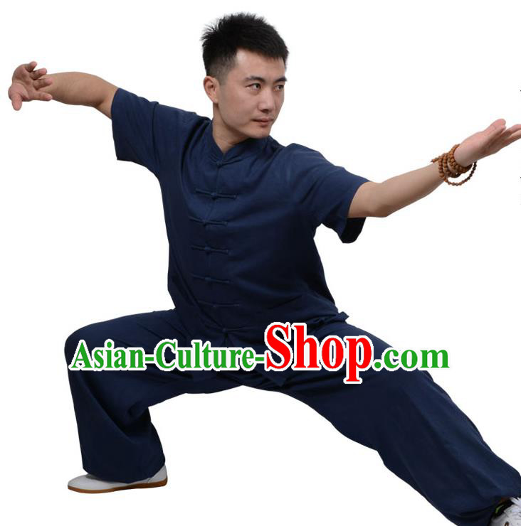 Top Kung Fu Linen Costume Martial Arts Costume Kung Fu Training Short Sleeve Navy Uniform, Gongfu Shaolin Wushu Tai Ji Plated Buttons Clothing for Women for Men