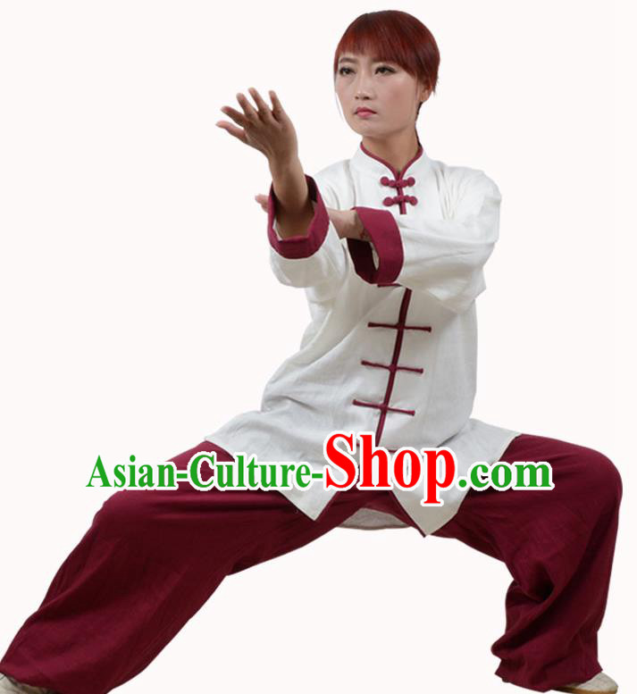 Top Kung Fu Linen Costume Martial Arts Costume Kung Fu Training White Shirt and Red Pants, Tai Ji Plated Buttons Uniform Gongfu Wushu Clothing for Women for Men