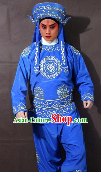 Traditional China Beijing Opera Takefu Embroidered Blue Costume, Chinese Peking Opera Soldier Clothing