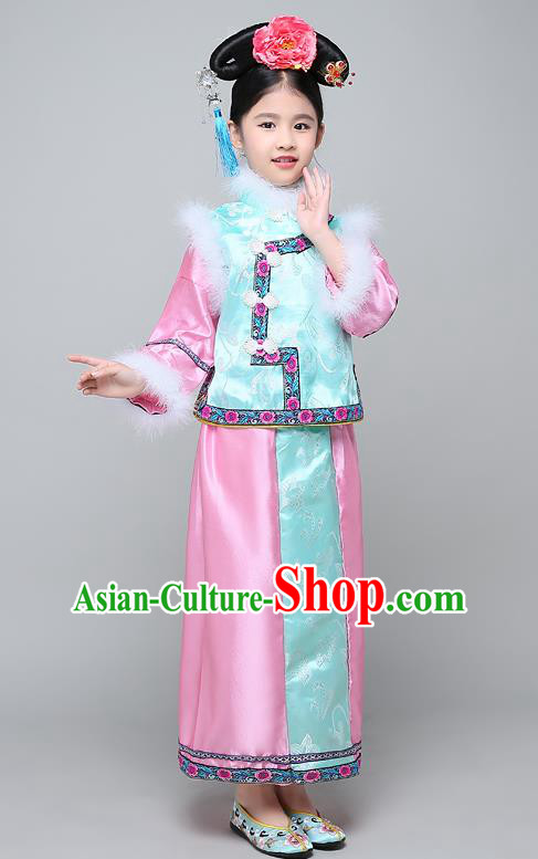 Traditional Ancient Chinese Qing Dynasty Manchu Lady Blue Costume, Chinese Mandarin Princess Embroidered Clothing for Kids