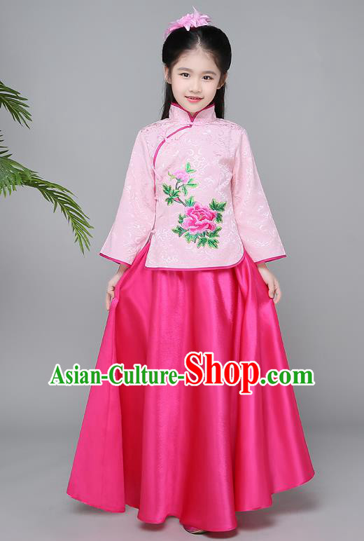 Traditional Chinese Republic of China Children Clothing, China National Embroidered Pink Cheongsam Blouse and Skirt for Kids