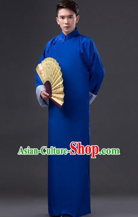 Traditional Chinese Republic of China Costume Blue Long Gown, China National Comic Dialogue Clothing for Men