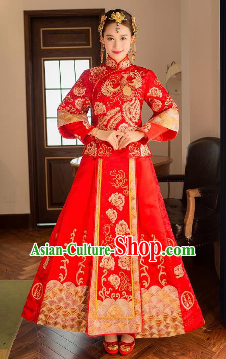 Ancient Chinese Wedding Costume Xiuhe Suits, China Traditional Bride Red Dress Restoring Embroidered Clothing for Women