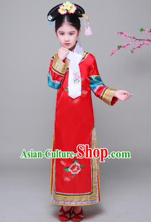 Traditional Ancient Chinese Qing Dynasty Princess Red Costume, Chinese Manchu Lady Embroidered Clothing for Kids