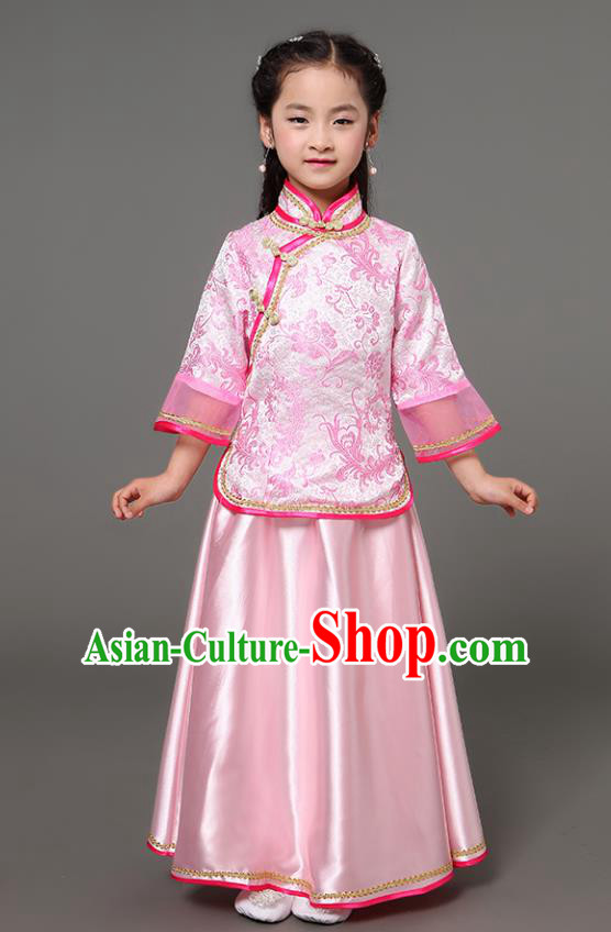 Traditional Chinese Republic of China Children Xiuhe Suit Clothing, China National Embroidered Pink Cheongsam Blouse and Skirt for Kids